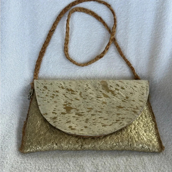 Handbags - Metallic Faux Fur And Braided Hemp Crossbody Handbag Featuring Wood Accents.